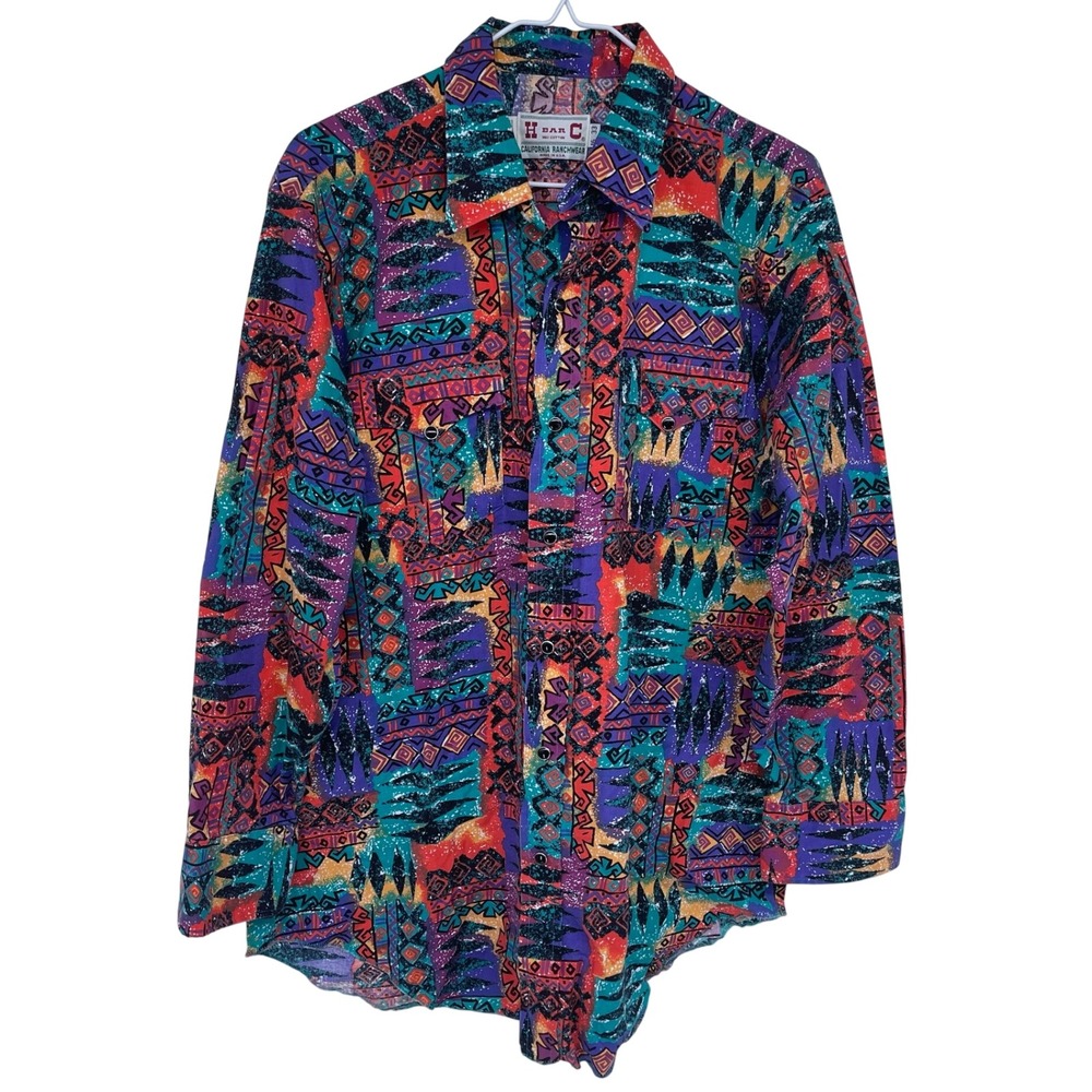 Vintage 80s 90s H Bar C Western Pearl Snap Shirt 16 33 Geometric Aztec Colorful
